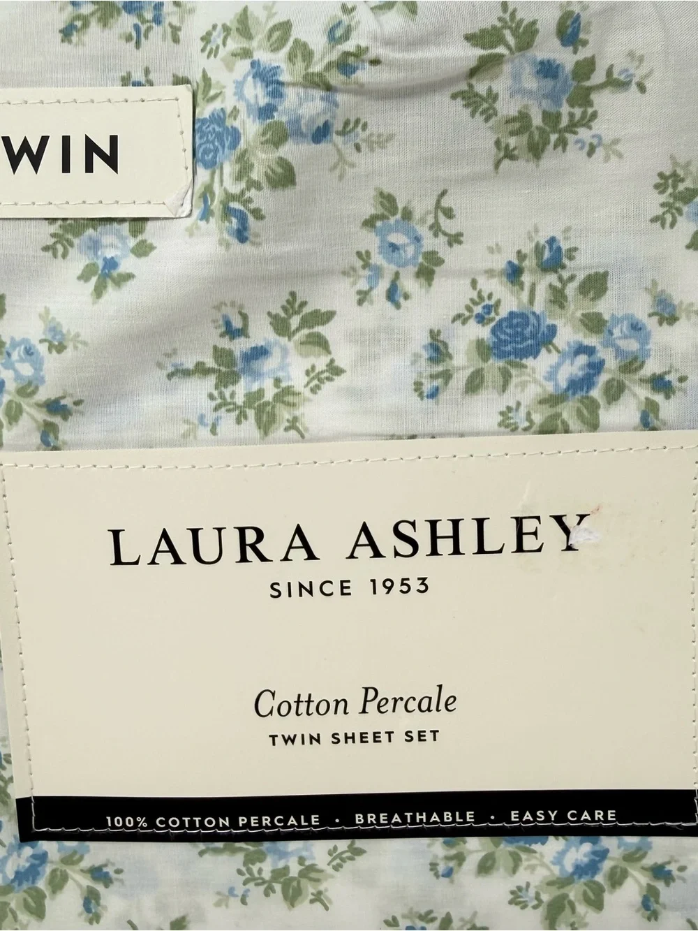 Laura Ashley Twin Size Sheet Set Taylor Blue Floral Cotton Percale NWT